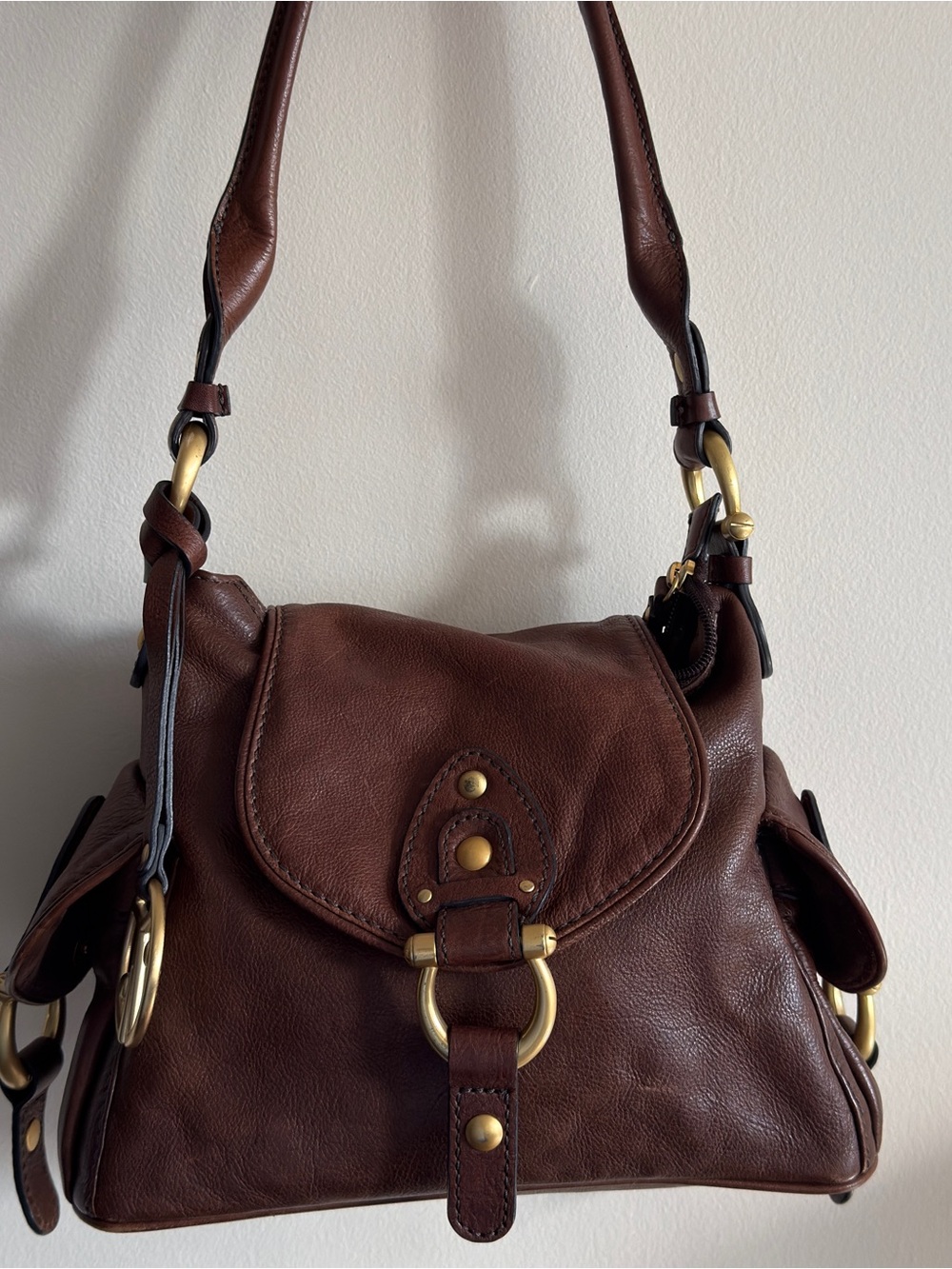 Vintage Coccinelle Brown Leather Flap Shoulder Bag with Cargo Pockets